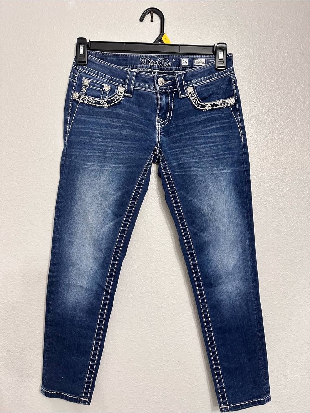 Miss Me Dark Blue Skinny Jeans with Rhinestone Trim